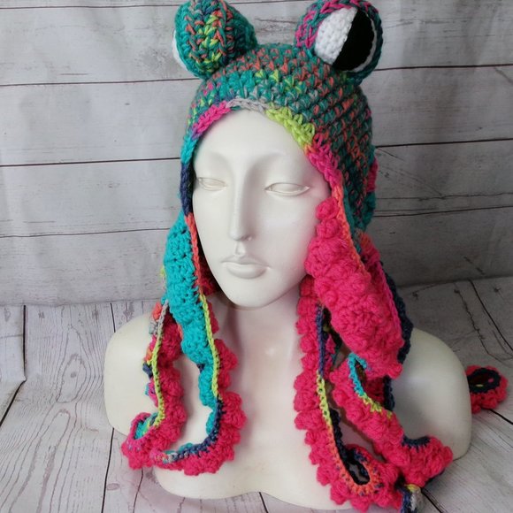 Handmade Variegated Colors and Hot Pink Octopus Hat Adult Size